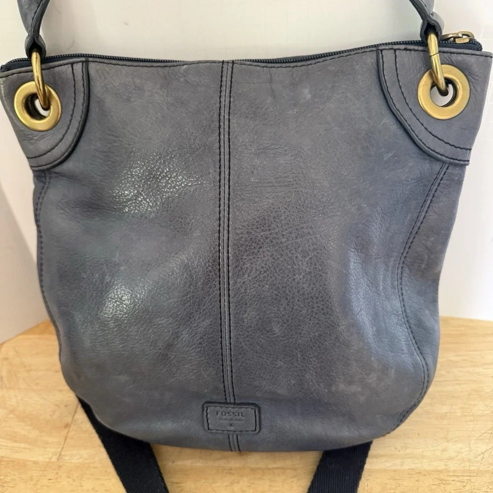 Fossil Dusty Blue Leather Handbag Zip Convertable Crossbody Shoulder Satchel Bag